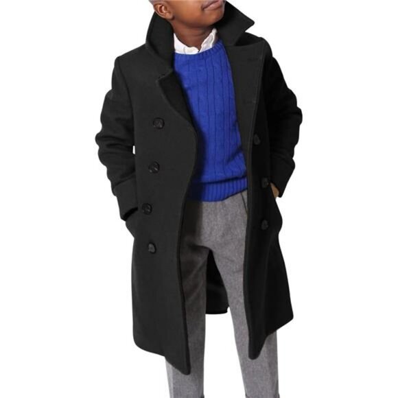 Boys Notch Lapel Double Breasted Long Trench Coat Casual Classic Peacoat - Picture 1 of 6